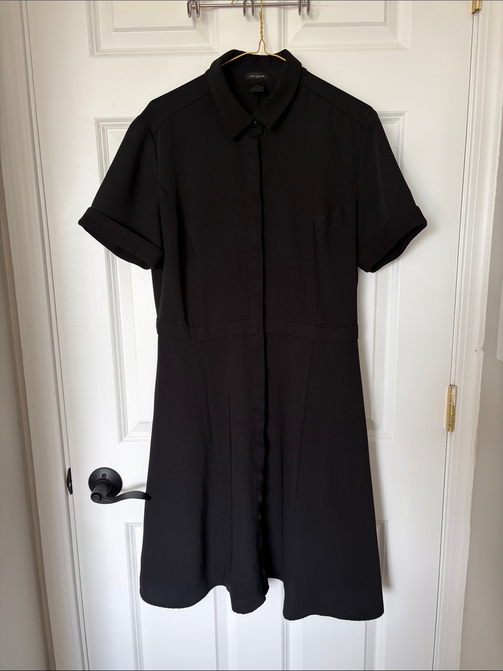 Ann Taylor Black Collared Short-Sleeve Mini Dress